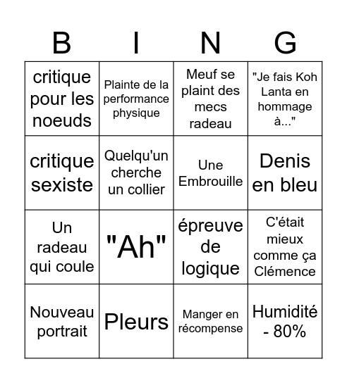 Koh Lanta Bingo Card