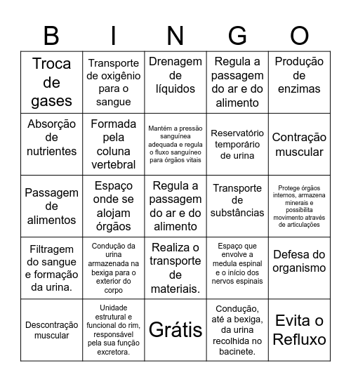Bingo do Sistema Urinário Bingo Card