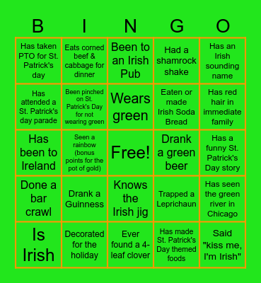 St Pattys Day BINGO Card