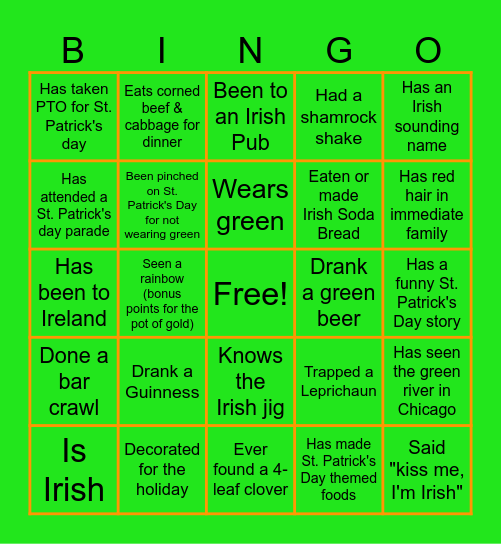 St Pattys Day BINGO Card