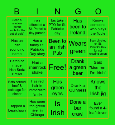 St Pattys Day BINGO Card