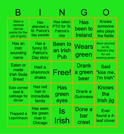 St Pattys Day BINGO Card