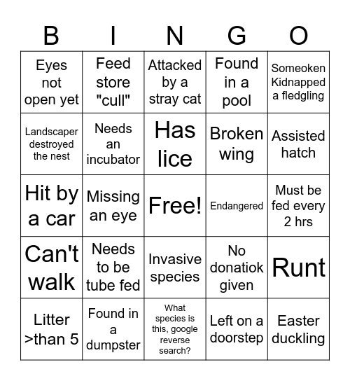 Orphan Season Bingo Card