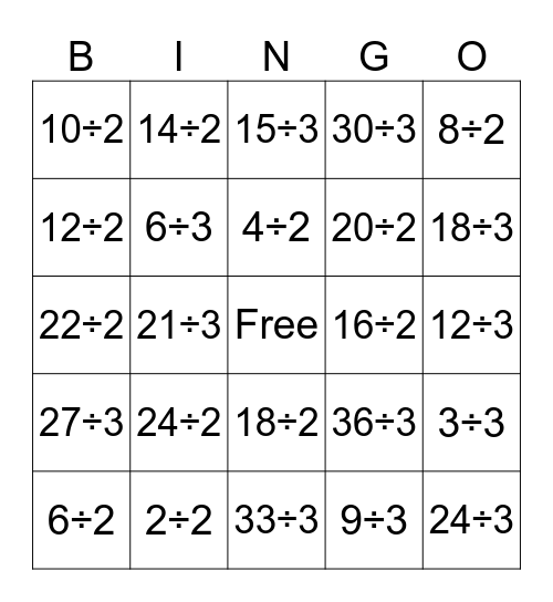 Dividing by 2 and 3 Bingo Card