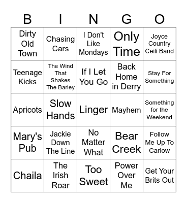 Songs by Irish Artists Bingo Card
