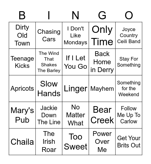 Songs by Irish Artists Bingo Card