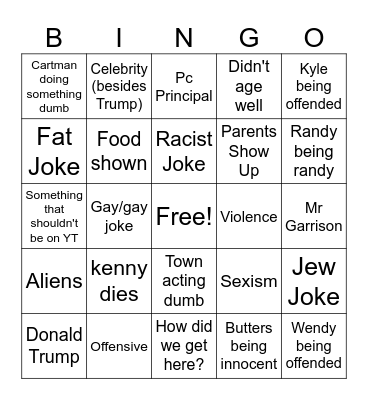 South Park bingo Card