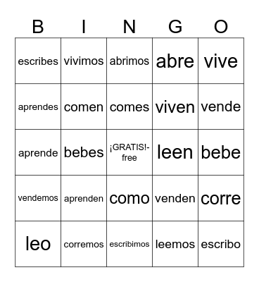 er/ir verbs Spanish Bingo Card