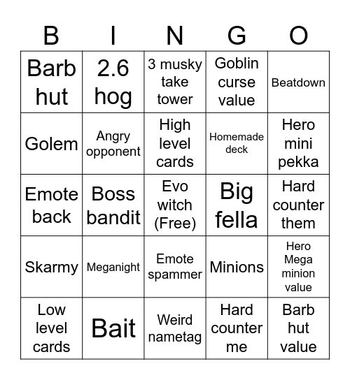 Clash royale bingo Card