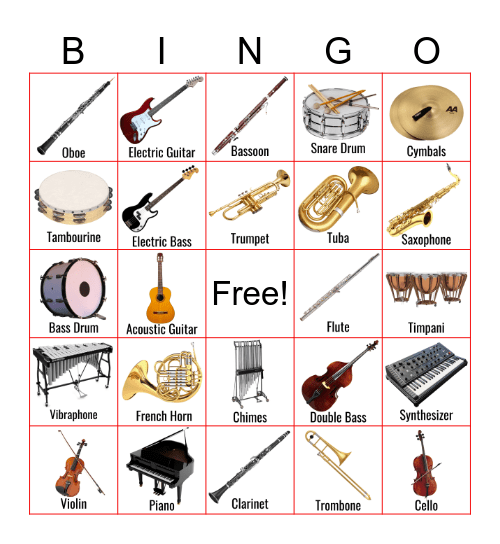 Single Instrument Bingo Card