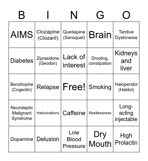 Antipsychotic Bingo Card