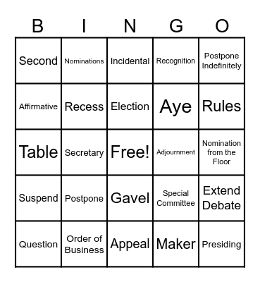 Parliamentary Procedure Bingo Card