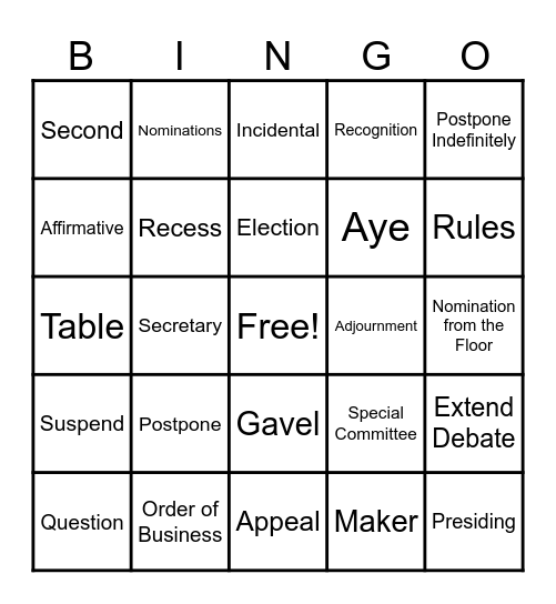 Parliamentary Procedure Bingo Card