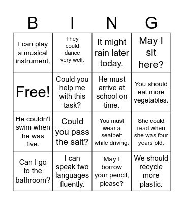 BINGO MODAL VERBS Bingo Card