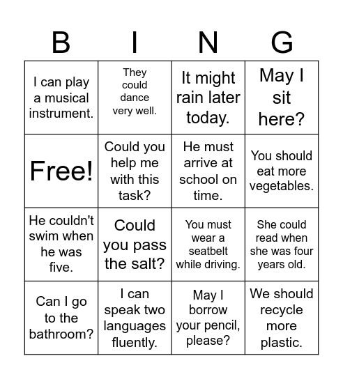 BINGO MODAL VERBS Bingo Card
