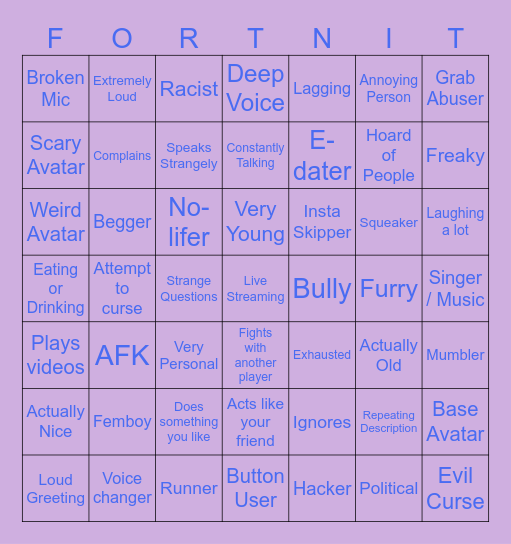 Roblox Fort Bingo Card