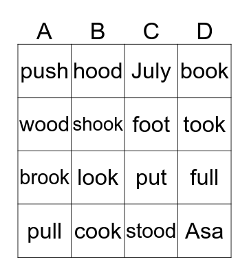 Vowel Patterns oo, u Bingo Card
