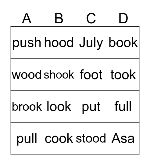 Vowel Patterns oo, u Bingo Card