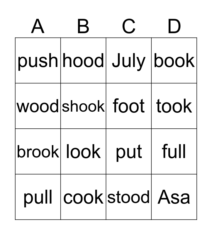 Vowel Patterns oo, u Bingo Card