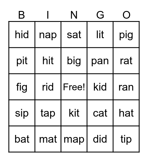 CVC Short -i and Short -a BINGO! Bingo Card