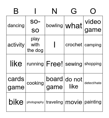 Activity Bingo Card