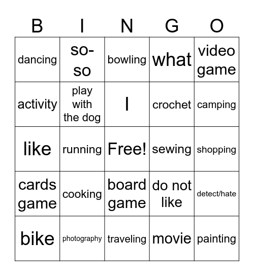 Activity Bingo Card