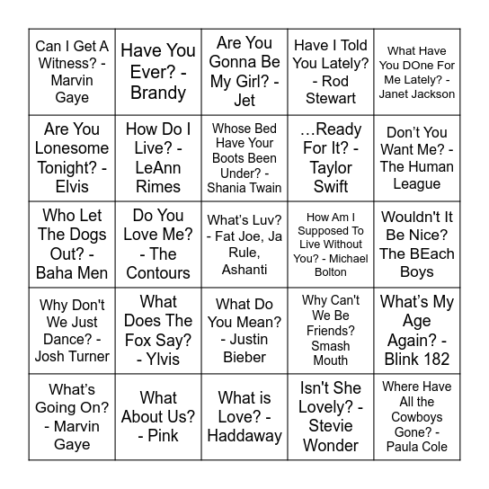 So Many Questions Bingo Card