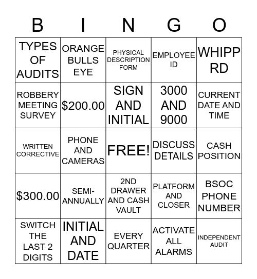 Robbery Training BINGO!!! Bingo Card