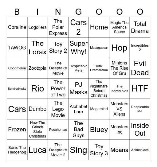 1 Second From 49 Animated Movies & TV Shows Bingo Card