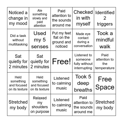 Mindfulness Bingo Card