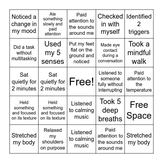 Mindfulness Bingo Card