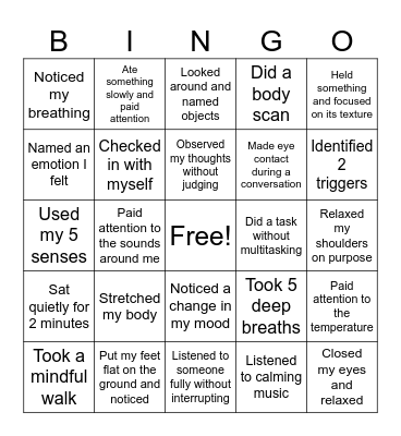 Mindfulness Bingo Card