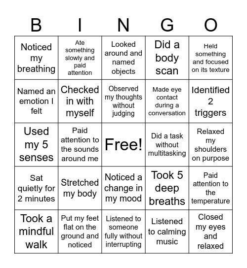 Mindfulness Bingo Card