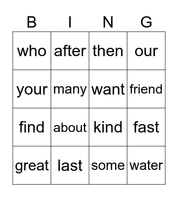 Sight Words Bingo Card
