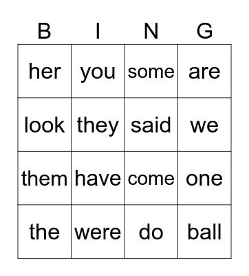 Sight Words Bingo Card