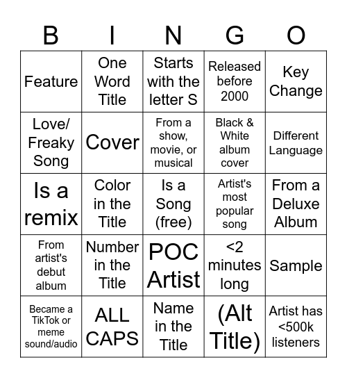 Spotify Playlist Bingo Card