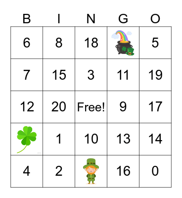 St. Patricks Day Numbers Bingo Card