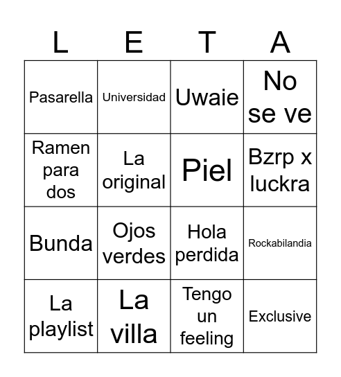 Bingo musical Letamid Gadol Bingo Card