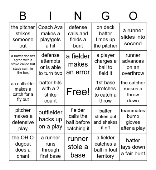 Coach Ava's Game BINGO Card