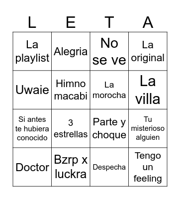 Bingo musical Letamid Gadol Bingo Card