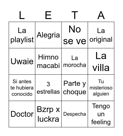 Bingo musical Letamid Gadol Bingo Card