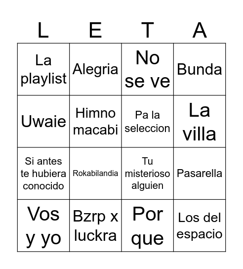 Bingo musical Letamid Gadol Bingo Card