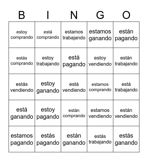 Present Progressive Bingo Card