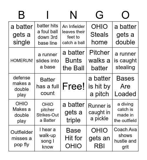 OHIO SOFTBALL BINGO Card