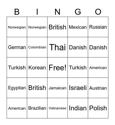 Nationalities Bingo Card
