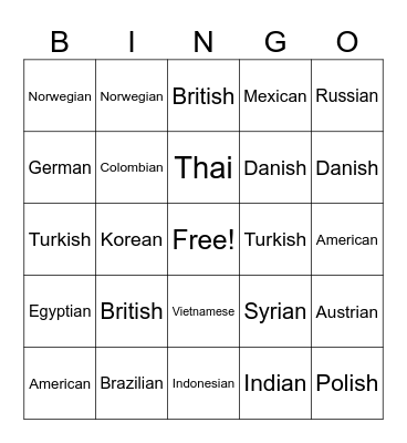NATIONALITIES Bingo Card