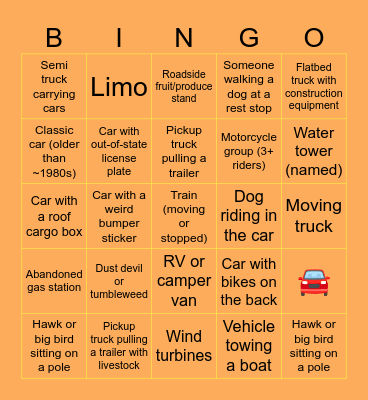 Road Trip BINGO Card