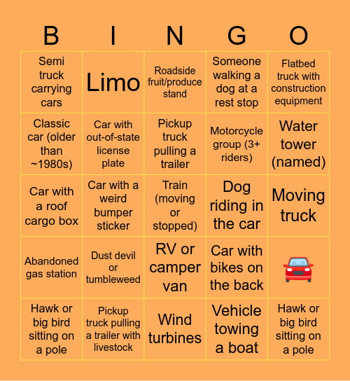 Road Trip BINGO Card