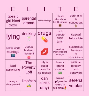 Gossip Girl Bingo Card