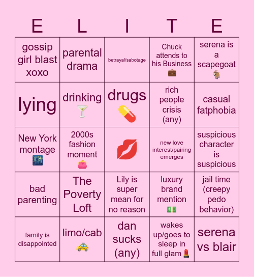 Gossip Girl Bingo Card